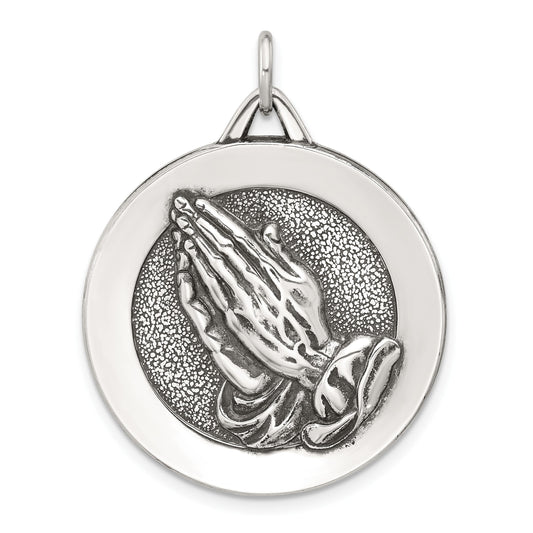 Sterling Silver Antiqued Solid Praying Hands Serenity Prayer Pendant