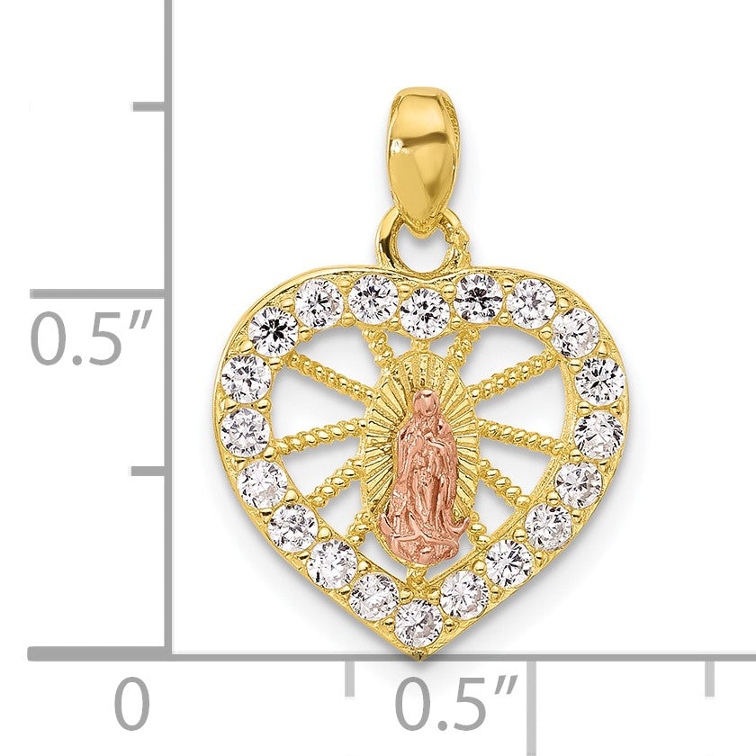 SS Gold and Rose-tone CZ Our Lady of Guadalupe Heart Pendant