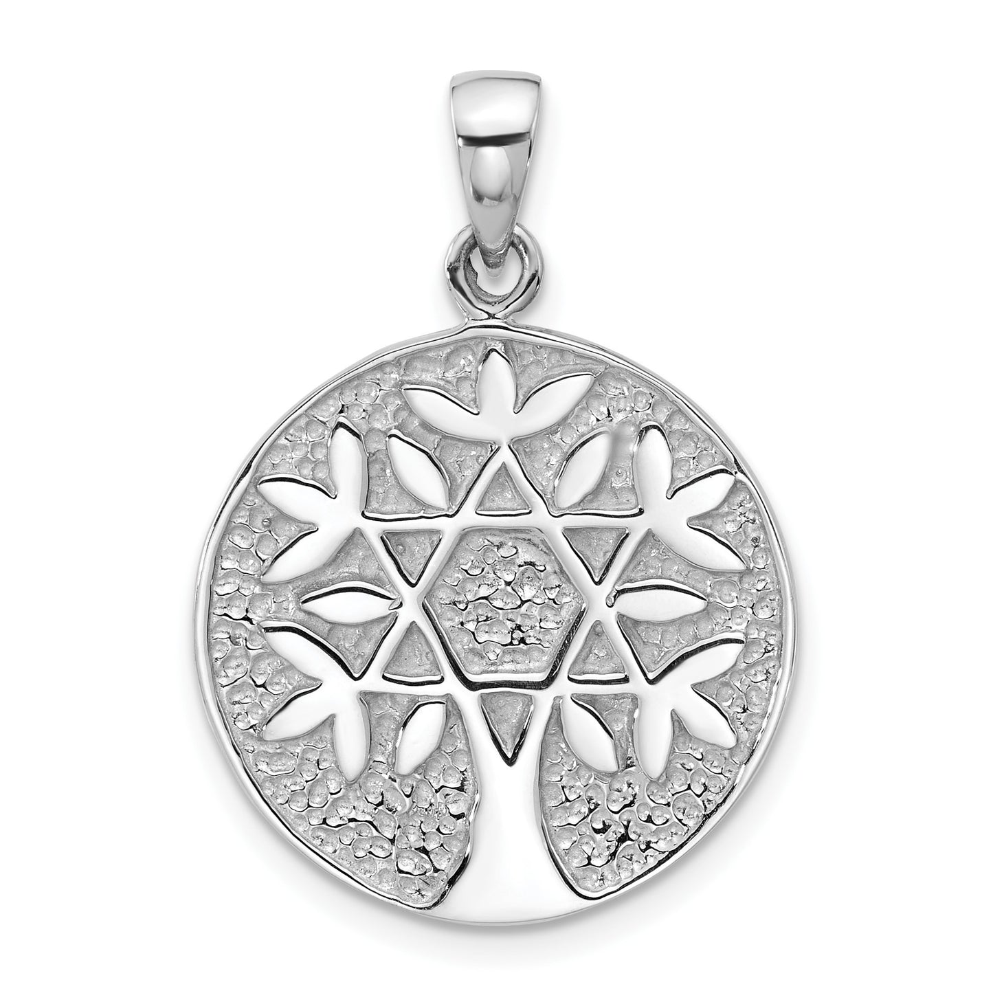Sterling Silver Rhodium-Plated Polished Star of David in Tree Round Pendant