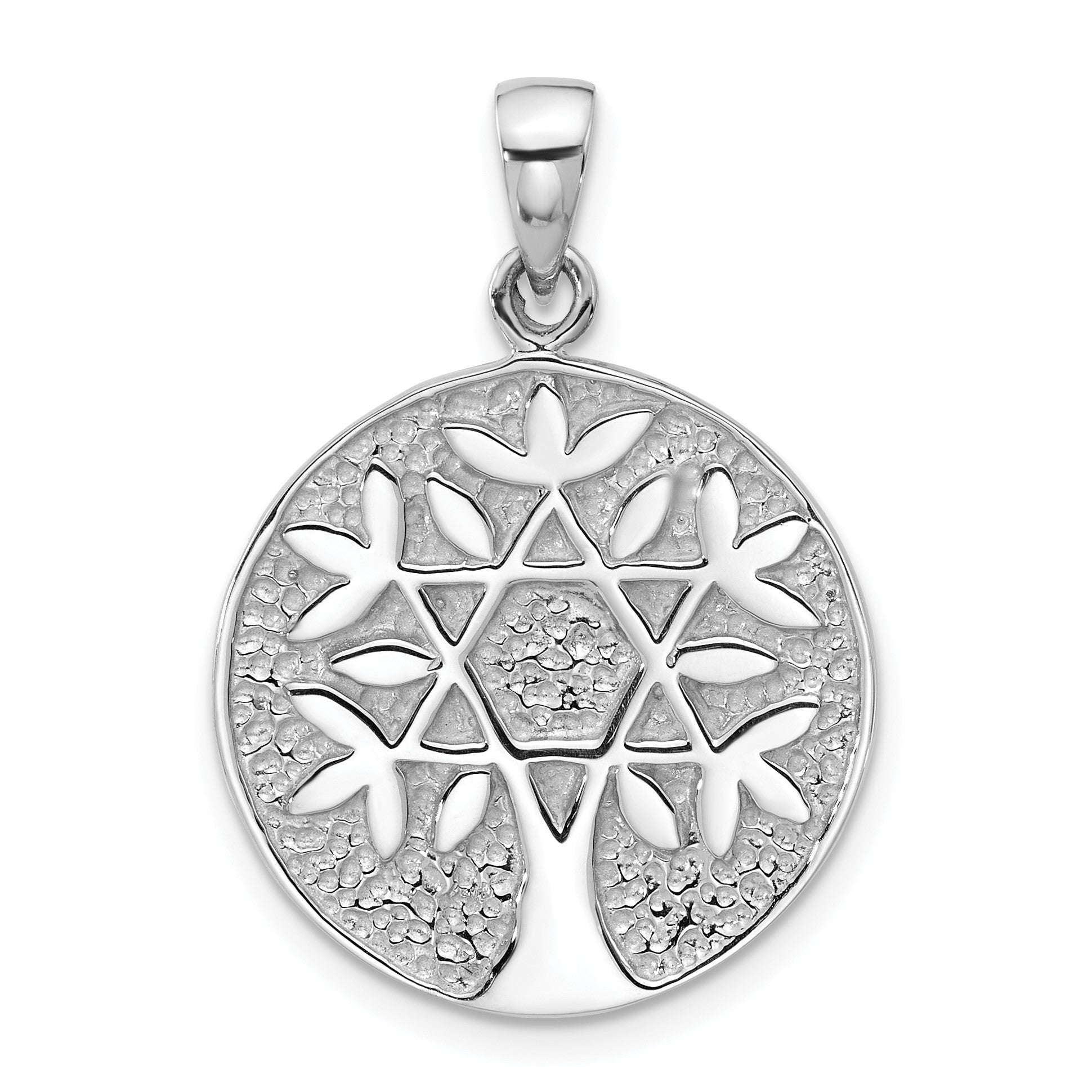 Sterling Silver Rhodium-Plated Polished Star of David in Tree Round Pendant
