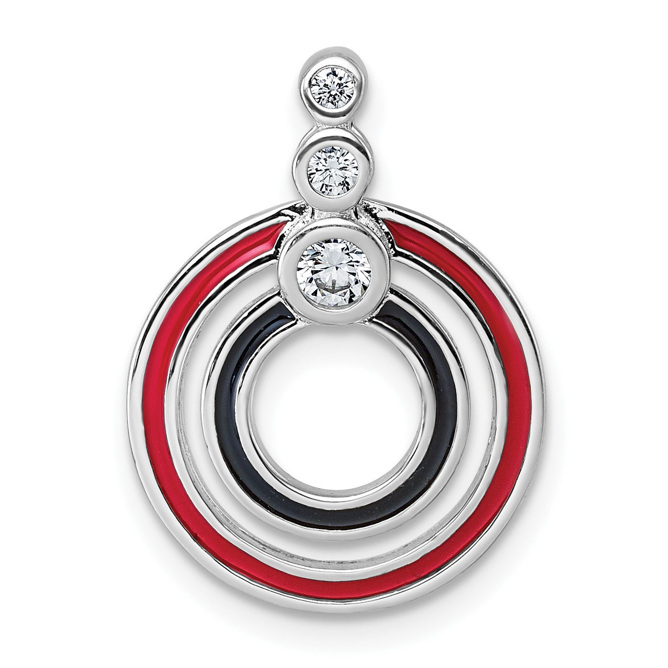 Sterling Silver Rhodium-plated CZ with Black and Red Enameled Circles Pendant