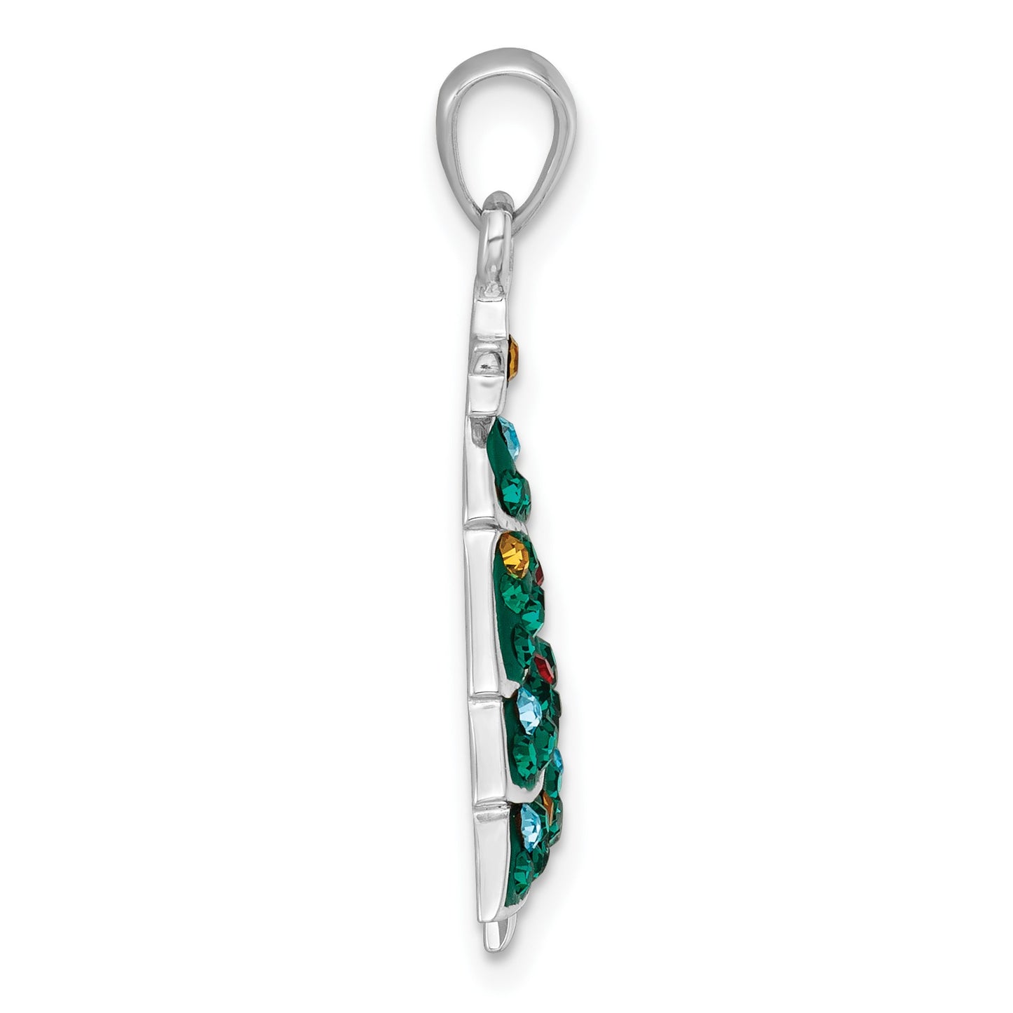 Sterling Silver Rhodium-plated Polished Green/Yellow/Red/Blue Crystal Christmas Tree Charm