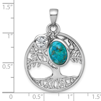 Sterling Silver Rhodium-plated Polished CZ and Compressed Turquoise Cabochon Tree of Life Pendant