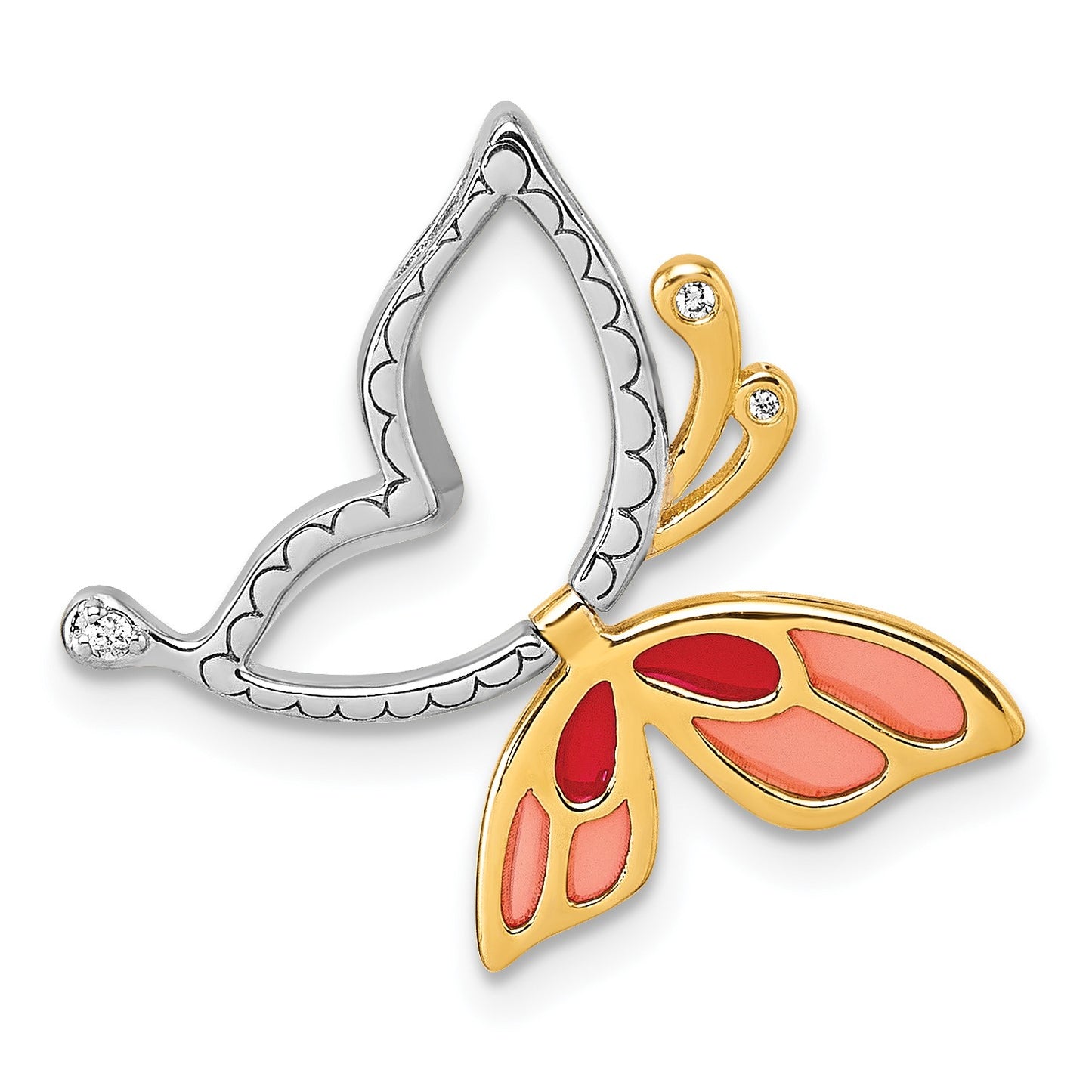Sterling Silver Rhodium-plated and Gold-tone Pink and Red Enameled with White CZ Moveable Wing Butterfly Chain Slide Pendant