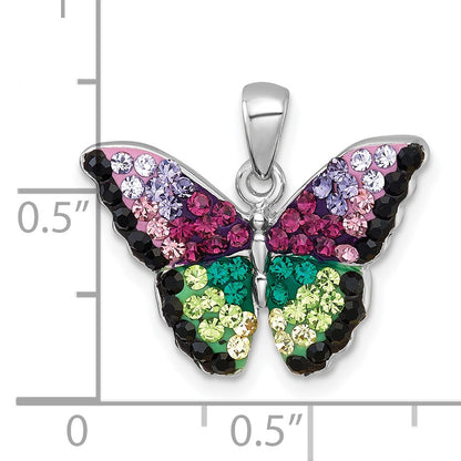Sterling Silver Rhodium-plated Polished Purple/Green/Black Crystal Butterfly Pendant