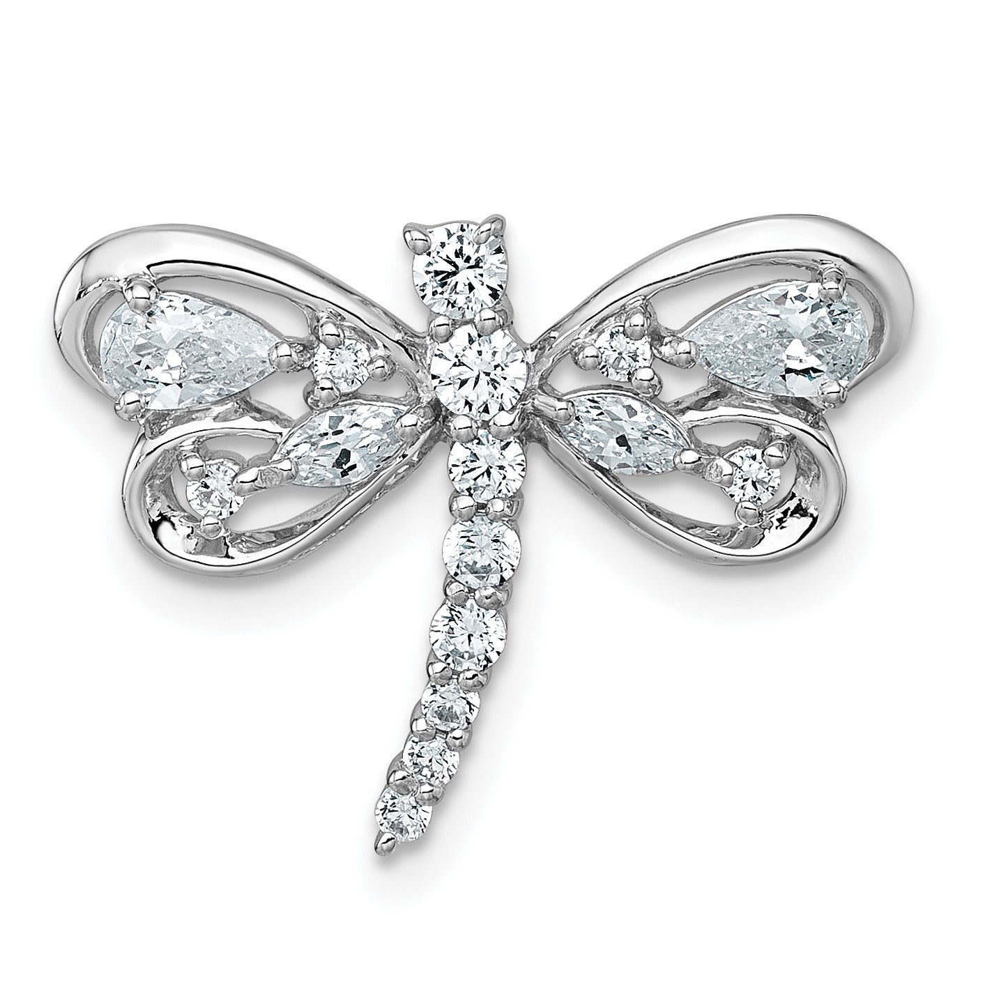 Sterling Silver Rhodium-plated Polished CZ Dragonfly Chain Slide Pendant