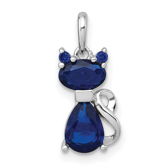 Sterling Silver Rhodium-plated Blue Lab Created Sapphire Cat Pendant