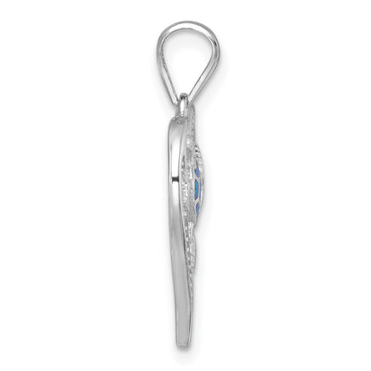 Sterling Silver Rhodium-plated Polished and Textured Blue Lab Created Opal and CZ Sealife Heart Pendant