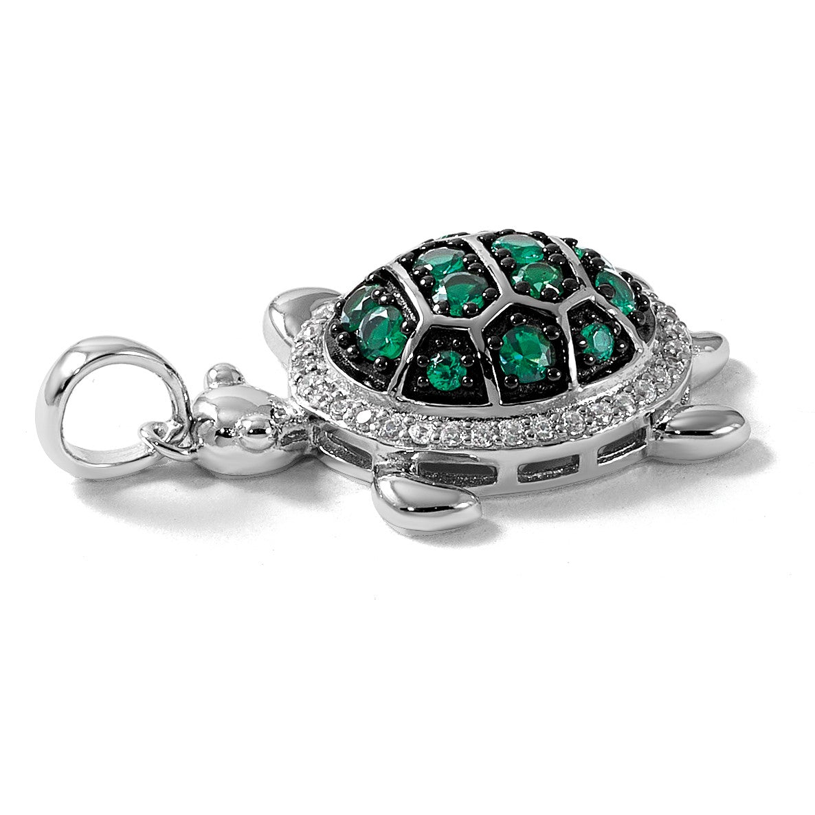 Sterling Silver White and Black Rhodium-plated White and Green CZ Turtle Pendant