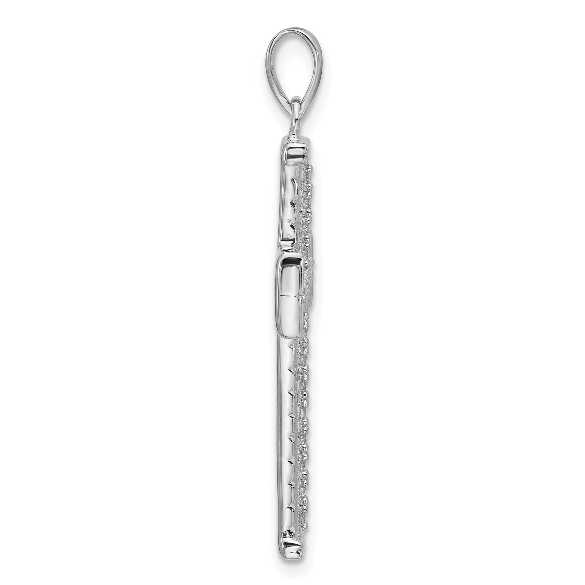 Sterling Silver Rhodium-plated CZ Polished and Textured Cross Pendant