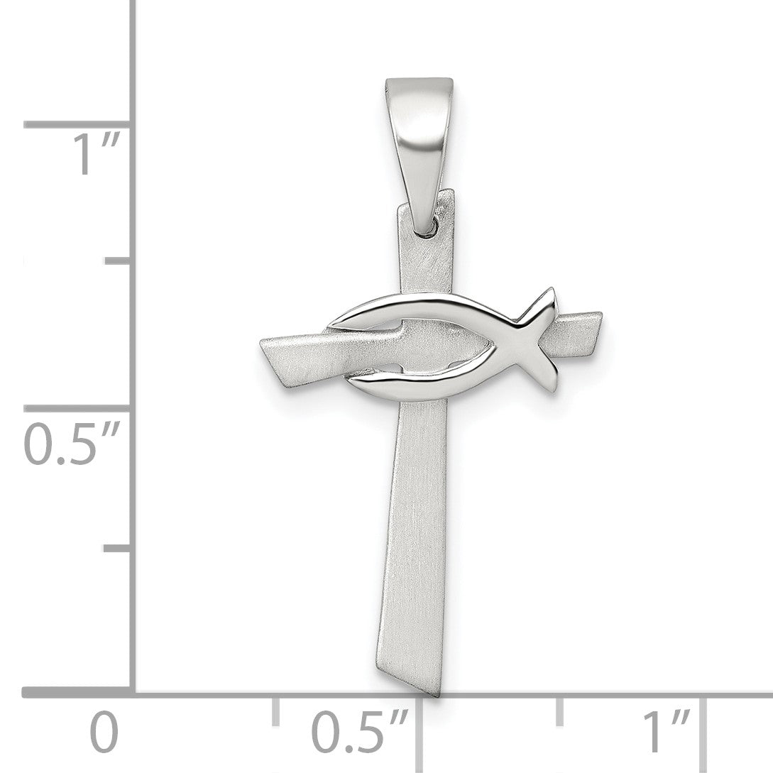 Sterling Silver Brushed Cross with Polished Ichthus Fish Pendant