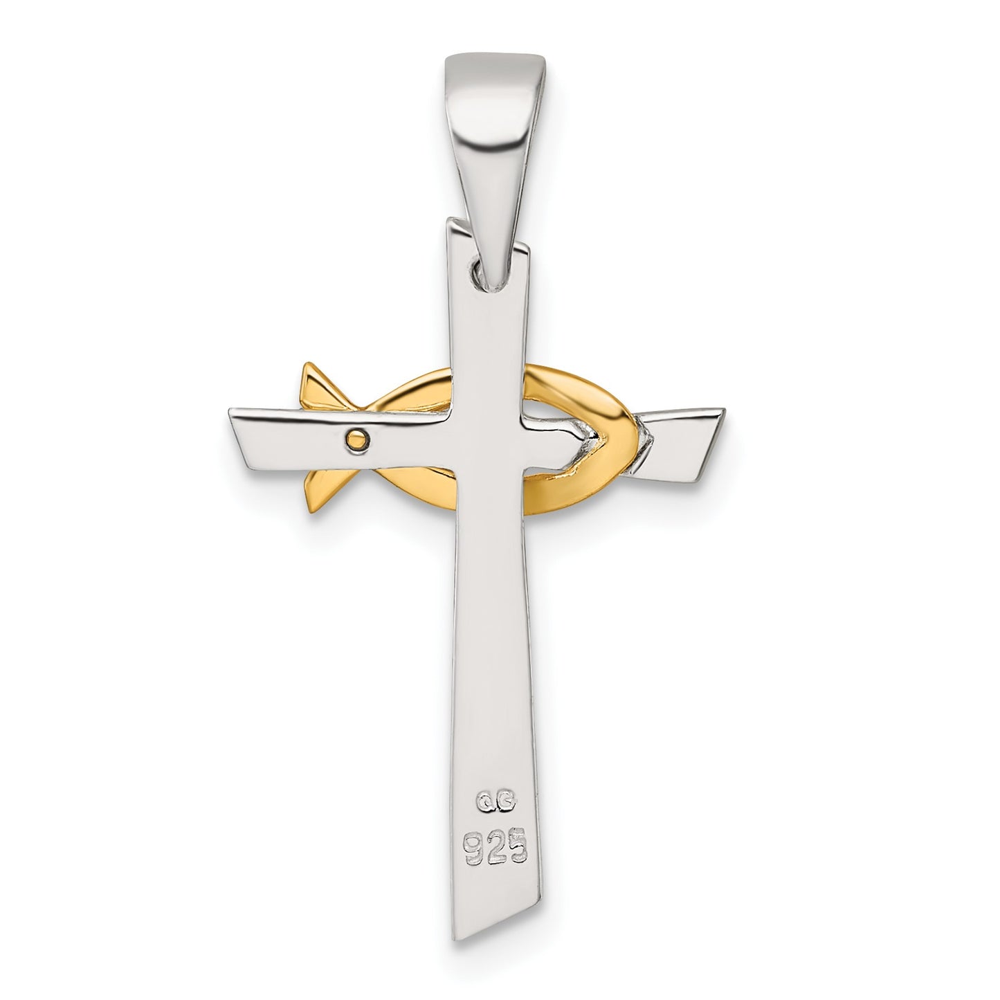 Sterling Silver Polished Cross with Gold-tone Ichthus Fish Pendant
