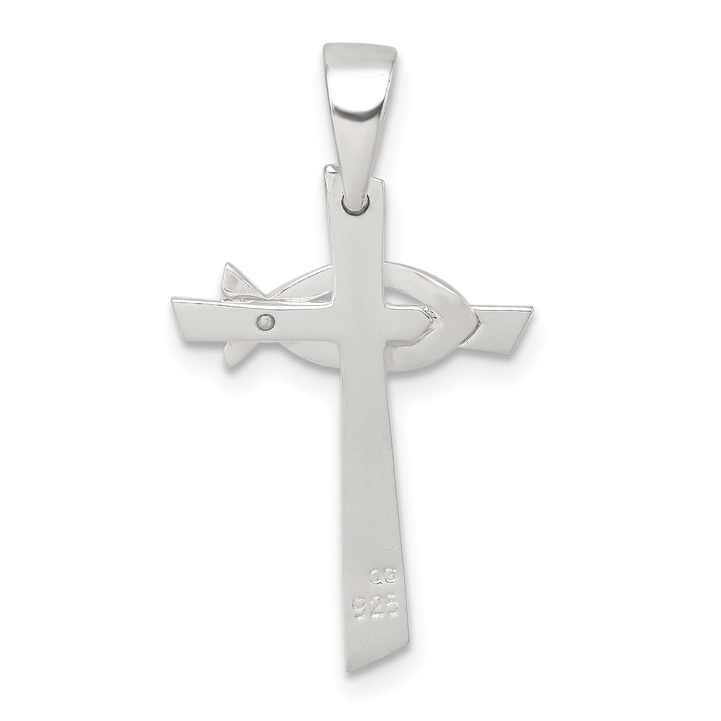 Sterling Silver Polished Cross with Brushed Ichthus Fish Pendant