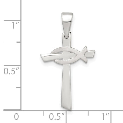 Sterling Silver Polished Cross with Brushed Ichthus Fish Pendant