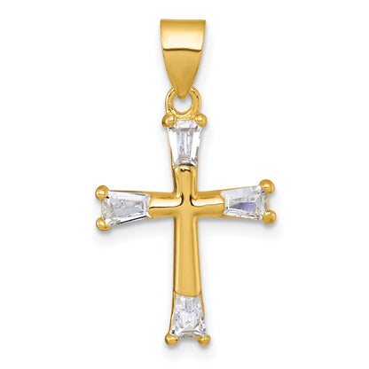 Sterling Silver Gold-tone Polished Tapered Baguette CZ Cross Pendant