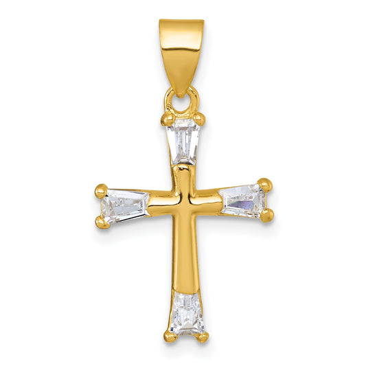 Sterling Silver Gold-tone Polished Tapered Baguette CZ Cross Pendant