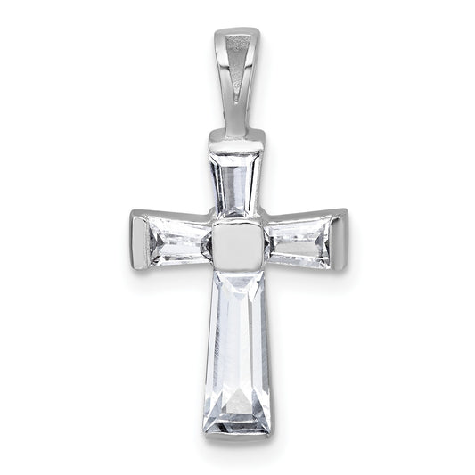 Sterling Silver Rhodium-plated Polished Baguette CZ Cross Pendant