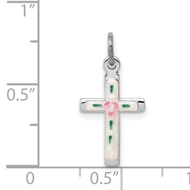 Sterling Silver Platinum-plated Enameled Cross Charm