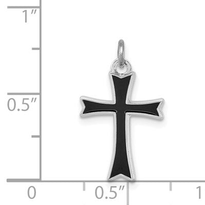 Sterling Silver Platinum-plated Black Enameled Cross Charm