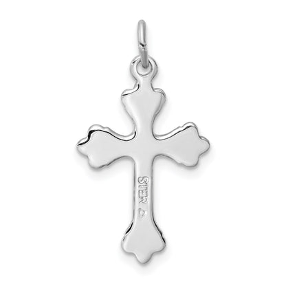 Sterling Silver Platinum-plated Blue Enameled Budded Cross Charm