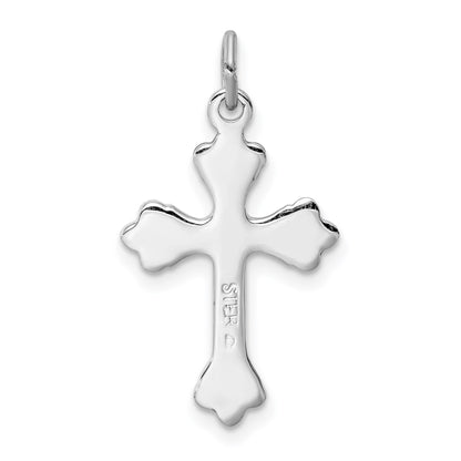 Sterling Silver Platinum-plated Pink Enameled Budded Cross Charm