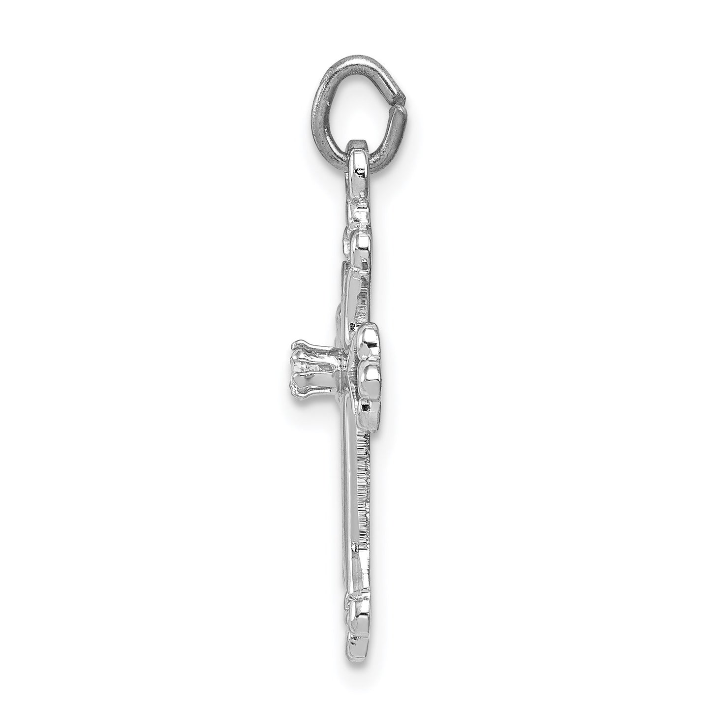 Sterling Silver Platinum-plated Budded Cross w/CZ Charm