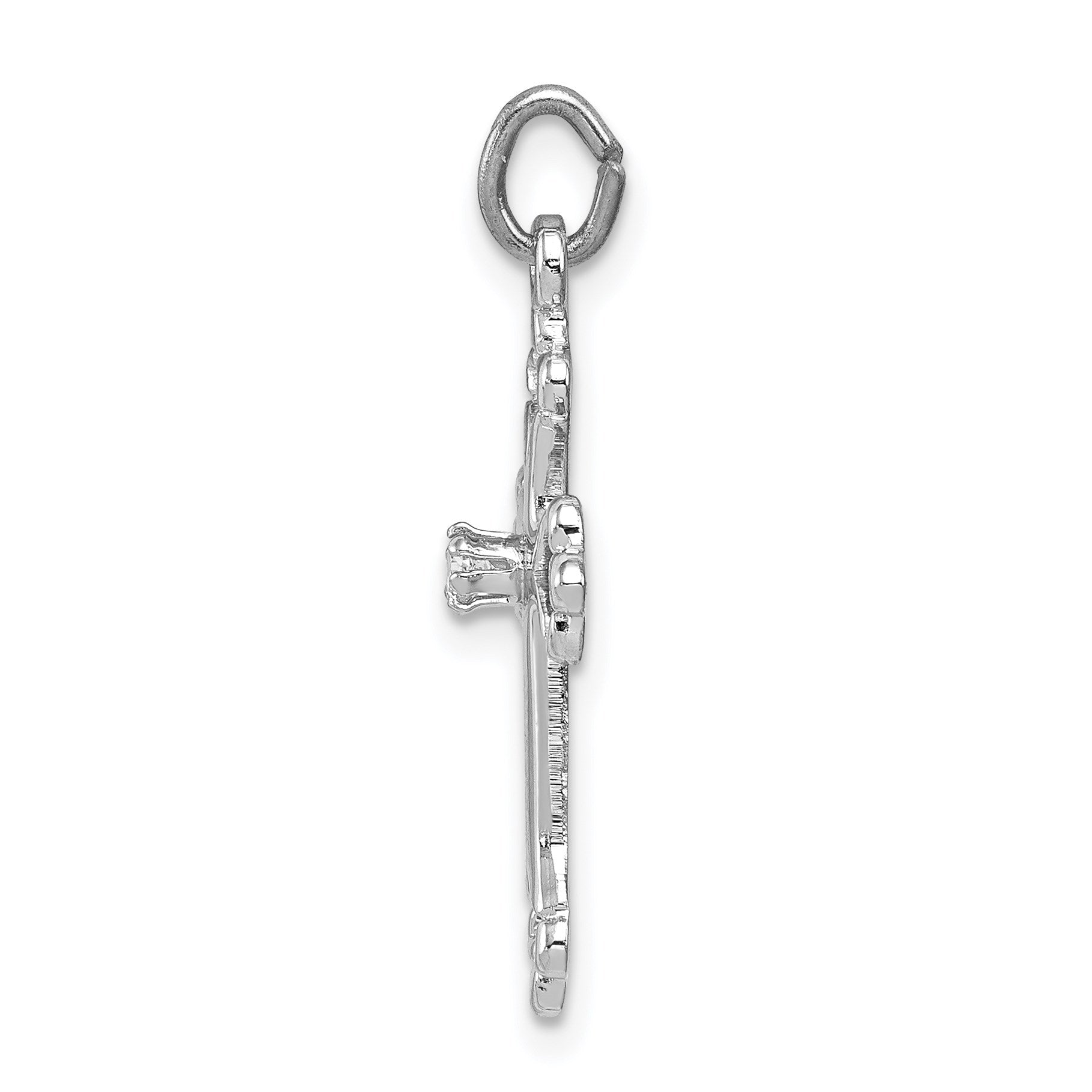 Sterling Silver Platinum-plated Budded Cross w/CZ Charm