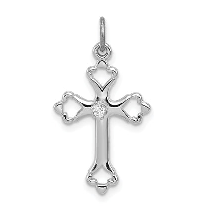 Sterling Silver Platinum-plated Budded Cross w/CZ Charm