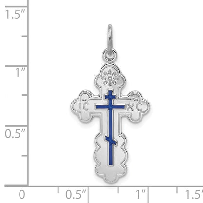 Sterling Silver Platinum-plated Eastern Orthodox Blue Enamel Cross Pendant