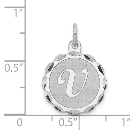 Sterling Silver/Rhodium-plated Brocaded Letter V Initial Pendant