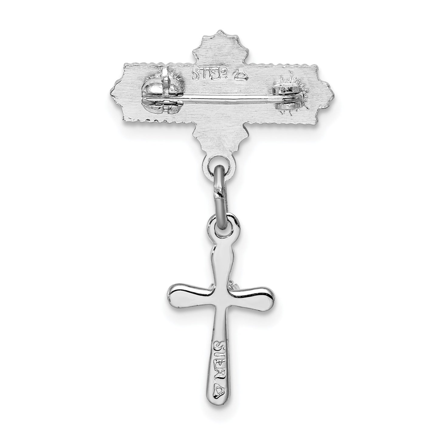 Sterling Silver Platinum-plated Polished CZ Cross Dangle Pin Brooch
