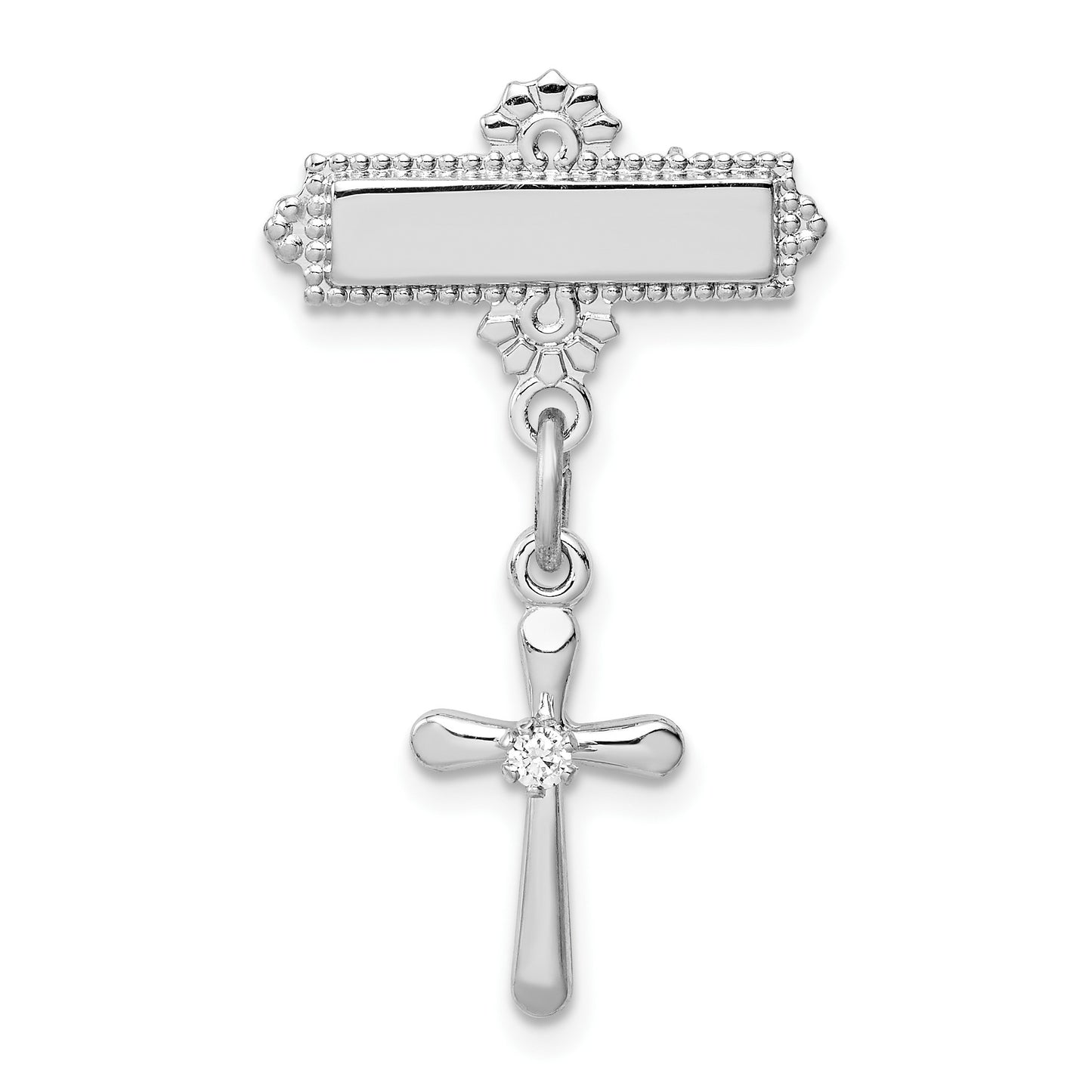 Sterling Silver Platinum-plated Polished CZ Cross Dangle Pin Brooch