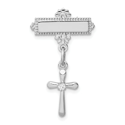 Sterling Silver Platinum-plated Polished CZ Cross Dangle Pin Brooch