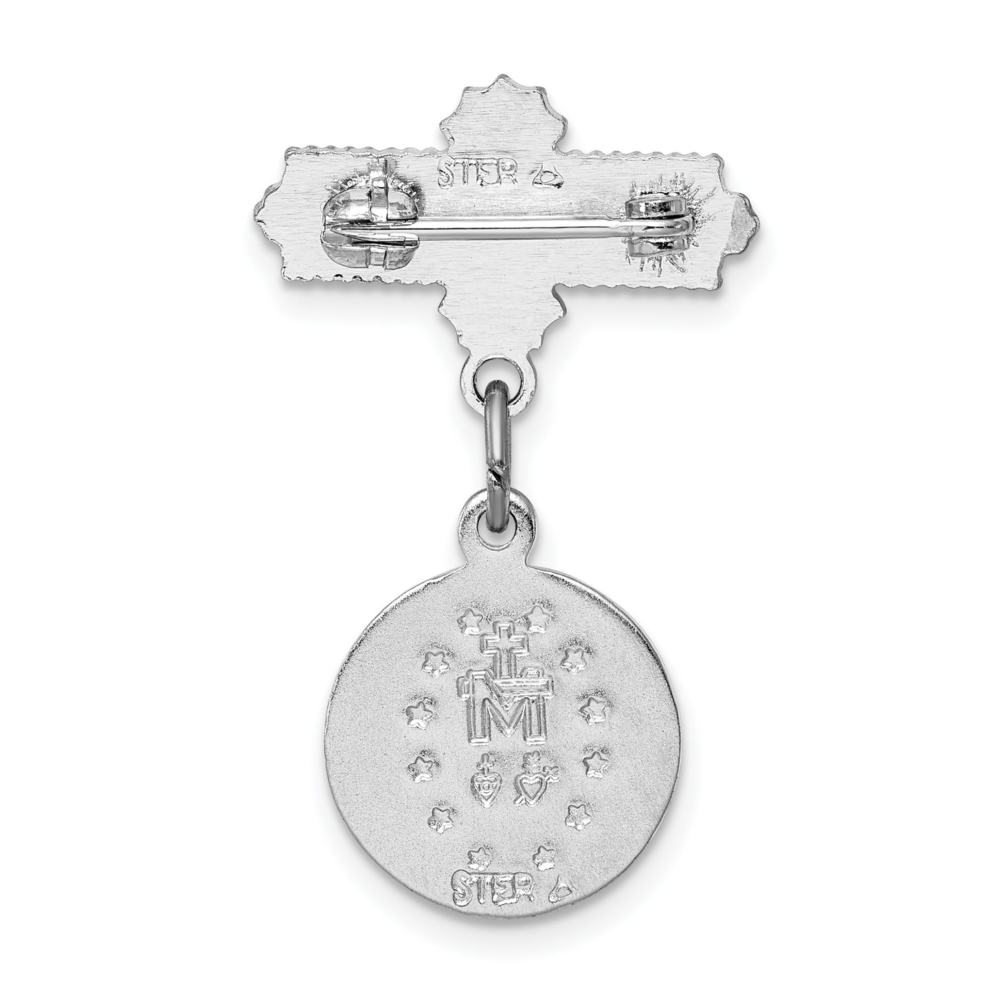 Sterling Silver Platinum-plated Miraculous Medal Dangle Pin Brooch
