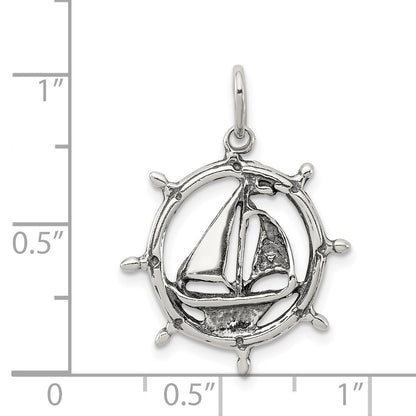 Sterling Silver Antiqued Sailboat in Wheel Charm