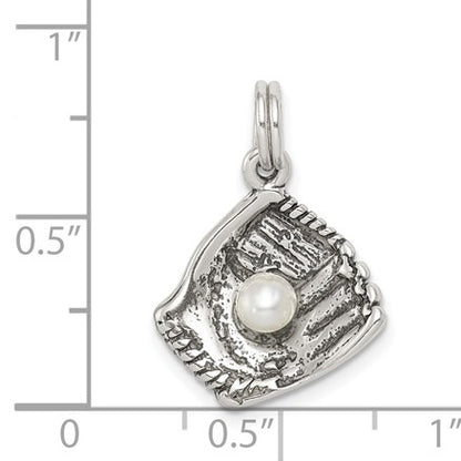 Sterling Silver Antiqued Baseball Glove w/Simulated Pearl Charm