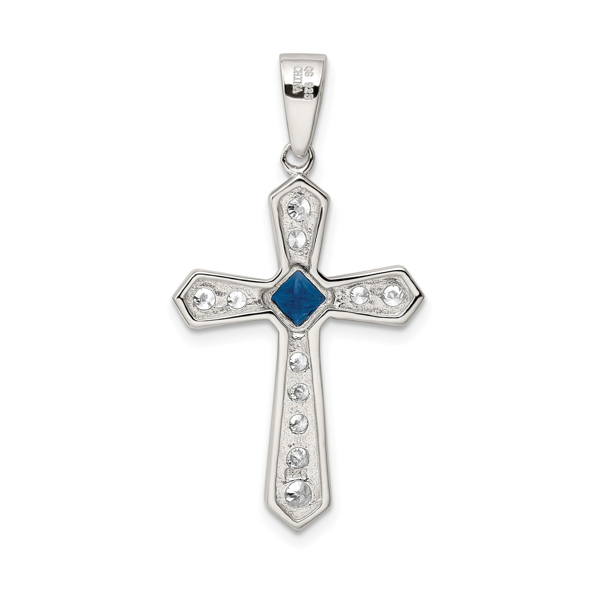 Sterling Silver Rhodium-plated Blue CZ Center & CZ Passion Cross Pendant
