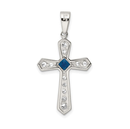 Sterling Silver Rhodium-plated Blue CZ Center & CZ Passion Cross Pendant
