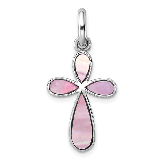 Sterling Silver Rhodium-platedPink Mother of Pearl Cross Pendant