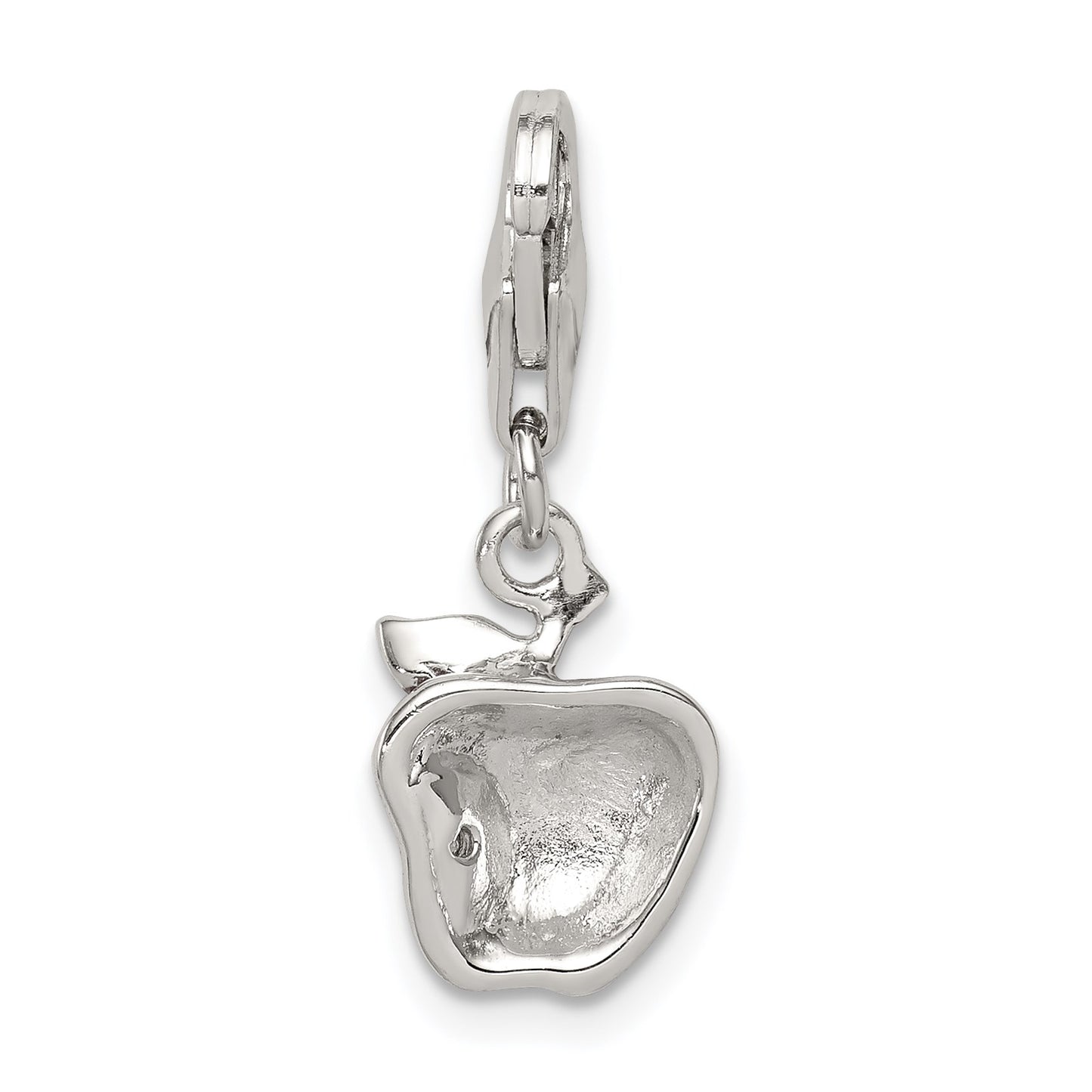 Sterling Silver Rhodium-plated CZ and Red Enameled Apple Charm