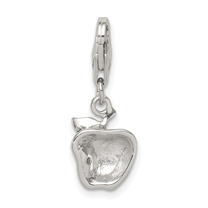 Sterling Silver Rhodium-plated CZ and Red Enameled Apple Charm