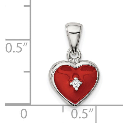 Sterling Silver Rhodium Plated Red Enamel with CZ Heart Pendant