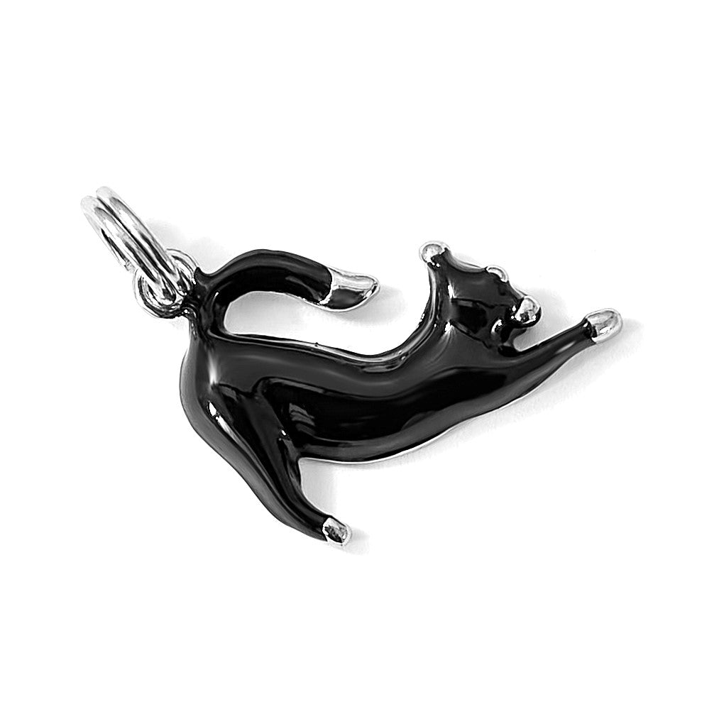 Sterling Silver Rhodium-platedBlack Enamel Cat Charm