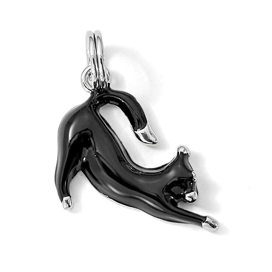 Sterling Silver Rhodium-platedBlack Enamel Cat Charm