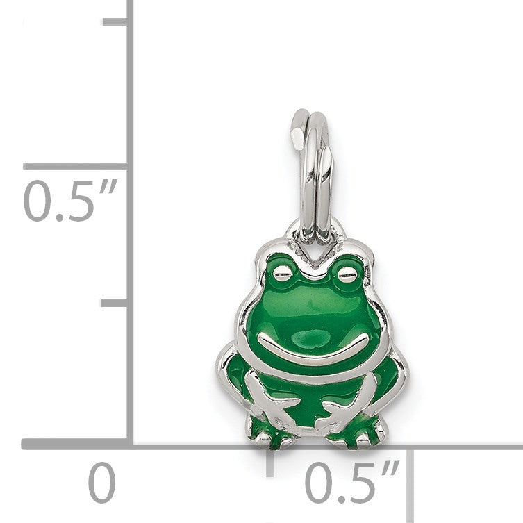 Sterling Silver Rhodium-plated Green Enameled Frog Charm