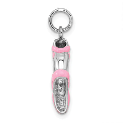 Sterling Silver Rhodium-platedPink Enamel Ballet Slipper Charm