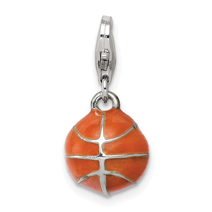 Sterling Silver Rhodium-plated 3D Enameled Basketball Charm