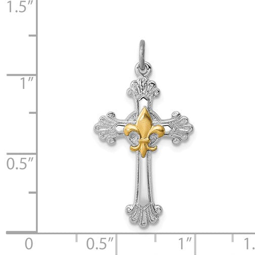 Sterling Silver Platinum-plated & Gold-plated Cross & Fleur de lis Pendant