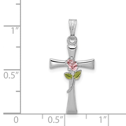Sterling Silver Platinum-plated Cross with Epoxy Rose Center Pendant