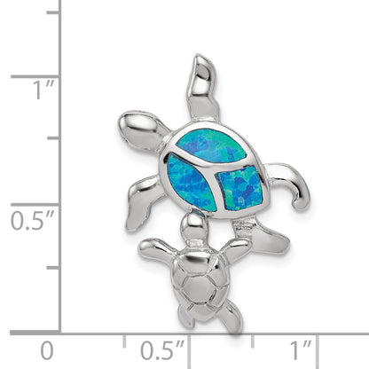 Sterling Silver Rhodium-plated Polished Blue Inlay Created Opal Turtle Slide